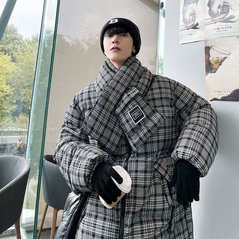 2021 겨울 남성 커플 빵 코튼 패딩 옷 격자 무늬 프린트 코트 따뜻한 파카 스킨 스노우 자켓 블랙 M-2XL